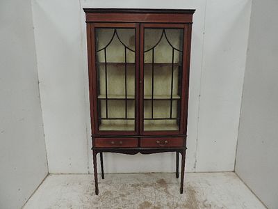 Antique Mahogany Double Astrical Glazed Doors Display Cabinet on Slender Legs
