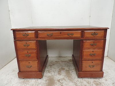 Edwardian Mahogany Twin Pedestal Desk with Green Tooled Leather Top & Brass Drop Handles