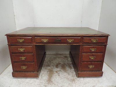 19th Century Mahogany Twin Pedestal Desk with Green Tooled Leather Top & 1917 Presentation Plaque