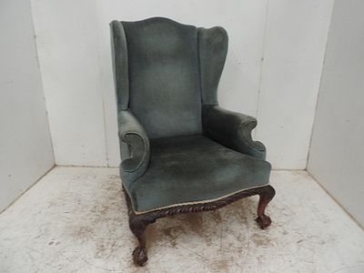 Late Victorian Mahogany Frame Upholstered Wing Armchair on Carved Cabriole Ball & Claw Legs