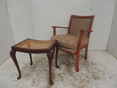 Cane Back Bedroom Armchair Plus Mahogany Dressing Stool on Cabriole Legs
