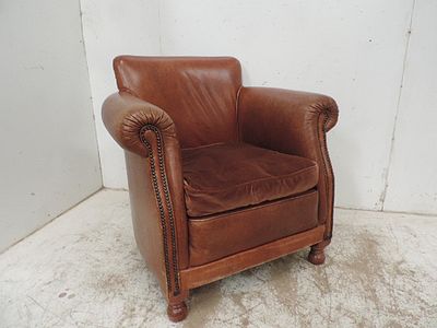 Edwardian Tan Leather Upholstered Club Style Armchair on Bun Feet