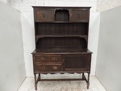 Arts & Crafts Oak Dresser on Bobbin Turned Base & Top Cupboards
