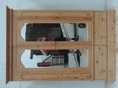 Victorian Style Polished Pine Double Mirror Door Wardrobe with Drawers Below & Cornice