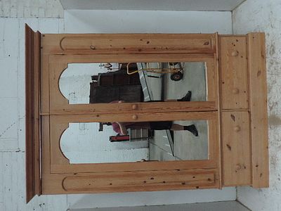 Victorian Style Polished Pine Double Mirror Door Wardrobe with Drawers Below & Cornice