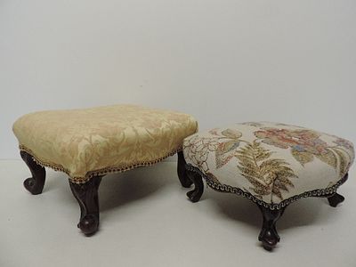 Two Victorian Upholstered Mahogany Frame Foot Stools on Short Cabriole Legs