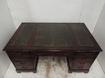 Reproduction Mahogany Twin Pedestal Desk with Green Tooled Leather Top & Drop Handles