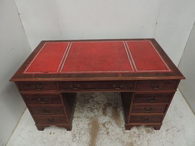 Reproduction Yew Wood Twin Pedestal Desk with Red Tooled Leather Top & Drop Handles