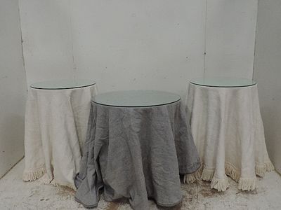 Pair of Pine Frame Circular Occasional Table with Cream Linen Covers & Glass Tops Plus One Other