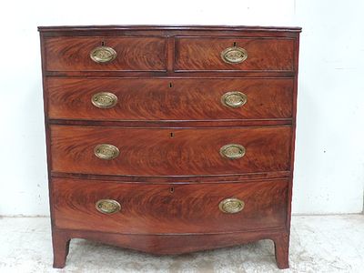 Regency Flame Mahogany Bow Front Two Over Three Drawer Chest with Brass Oval Handles on Bracket Legs