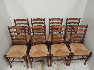 Set of Eight Oak Farmhouse Ladder Back Dining Chairs with Rush Seats