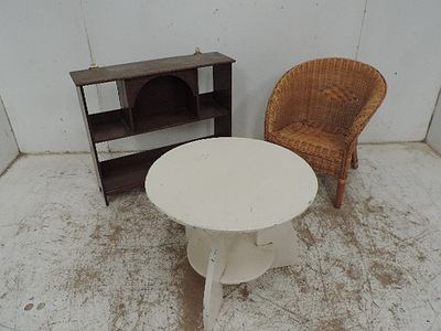 Child's Wicker Palm Court Chair, Painted Two Tier Stand & Edwardian Oak Wall Mounted Display / 