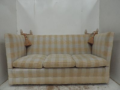 Grey & Yellow Tweed Upholstered Knoll Three Seater Settee with Gilt Rope Tie Backs