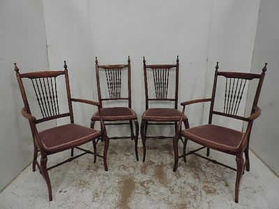 Edwardian Mahogany Salon Set of Two Spindle Back Open Armchairs Plus Pair of Matching Side Chairs