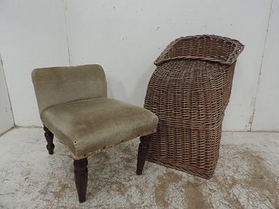 Victorian Upholstered Gout Stool on Turned Legs Plus Wicker Staircase Basket