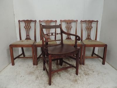 Set of Four 19th Century Mahogany Country Chippendale Back Dining Chairs Plus Regency Sold Seat 