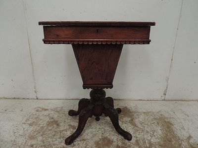 Victorian Figured Walnut & Satinwood Inlay Fitted Sewing / Work Box on Four Leg Single Support