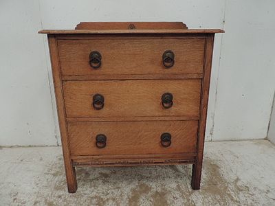 Small Edwardian Light Oak Three Drawer Bedroom Chest with Ring Handles