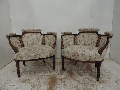 Edwardian Mahogany & Satinwood Inlay Frame & Upholstered Salon Suite Comprising of Two Seater 