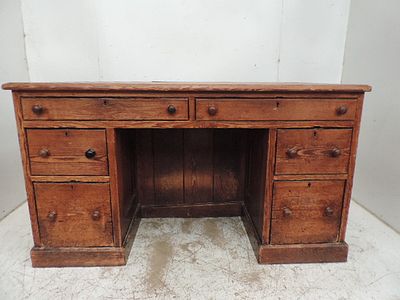 19th Century Pitch Pine Double Sided Twin Pedestal Desk with Turned Bun Handle & Inset Top