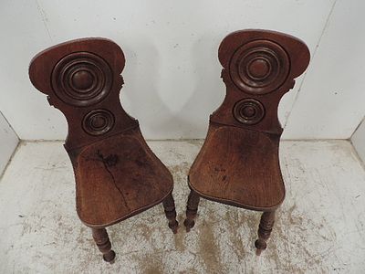 Pair of Early 19th Century Solid Mahogany Carved Seat Hall Chairs with Turned Panel Backs & Legs