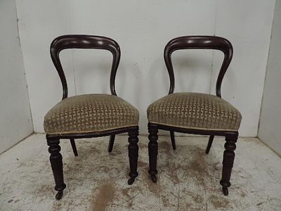 Pair of Victorian Solid Mahogany Balloon Back Dining Chairs with Casters