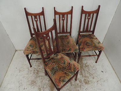 Set of Four Art Nouveau Light Oak Pierced High Back Dining Chairs Upholstered in Jacquard Velvet