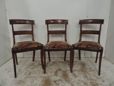 Set of Three Regency Carved Solid Mahogany Saber Leg Dining Chairs with Drop In Jacquard Velvet 