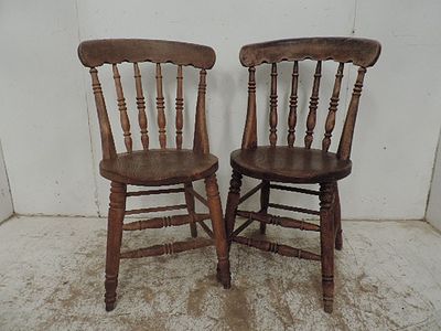 Pair of 19th Century Turned Elm Pillar Back & Seat Farmhouse / Kitchen Chairs