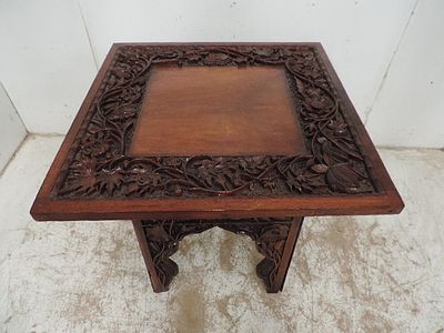Carved Indian Polished Hardwood Square Top Coffee Table on Matching Stand