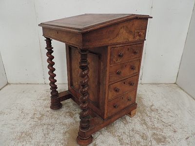 Victorian Figured Walnut Davenport / Desk with Turned Barley Twist Supports, Bun Handles & 