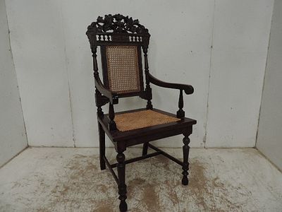 Antique Continental Highly Carved Carver / Armchair with Cane Work Seat & Back