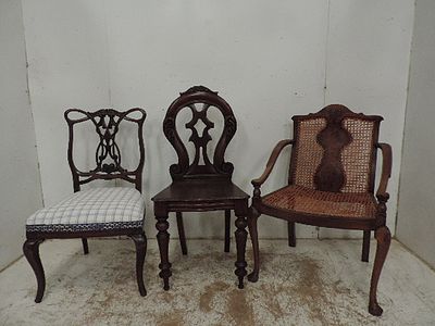 Edwardian Walnut Bedroom Armchair with Cane Work Panels Plus Victorian Hall Chair & One Other