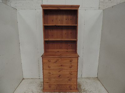 Slender Polished Pine Kitchen Dresser on Five Drawer Chest Base with Bun Handles