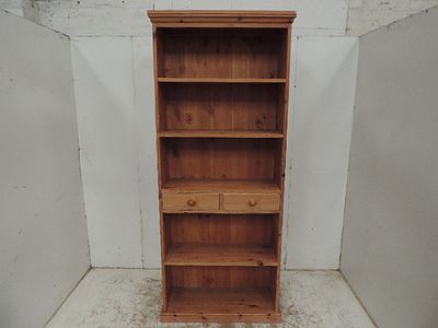 Slender Polished Pine Open Bookcase with Two Central Drawers