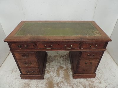 Late 19th Century Mahogany Twin Pedestal Desk with Brass Drop Handles & Green Tooled Leather Top