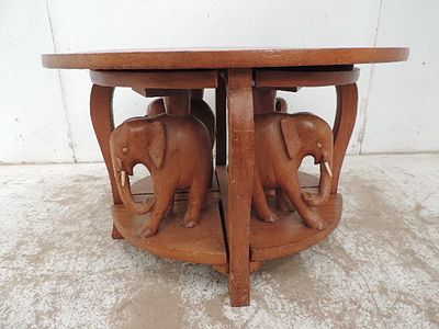 Vintage African Teak Circular Coffee Table with Nest of Four Carved Elephant Tables Under