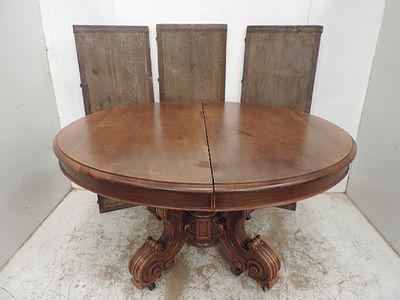 19th Century French Carved Fruit Wood & Oak Circular Metamorphic Dining Table with Extra Leaves 