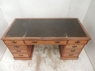 Late Victorian Pale Mahogany Twin Pedestal Desk with Brass Drop Handles & Inset Top