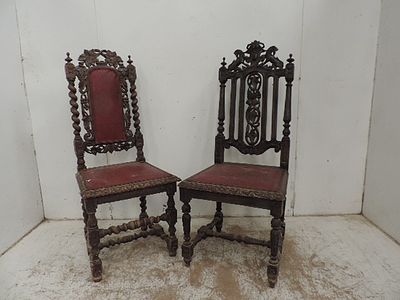 Two Late Victorian Highly Carved Dark Oak Hall Chairs