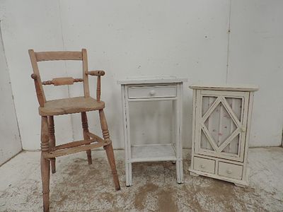 Victorian Stripped Elm Child's Farmhouse High Chair, Painted Side Table & Small Glazed Front Cabinet