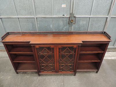 Large Late 19th Century Mahogany Breakfront Open Bookcase / Astrical Glazed Display Cabinet 