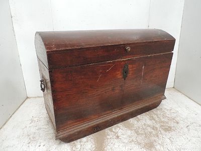 Large 18th Century Scandinavian Oak Dome Top Chest with Iron Carrying Handles on Sledge Base
