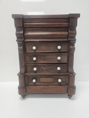 Miniature Empire Mahogany Chest of Drawers. Miniature Empire chest of drawers with porcelain 
