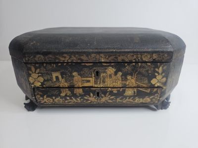 Antique Chinoiserie Black Lacquer Tea Caddy 1860's. This includes a beautiful mid / late 19th 