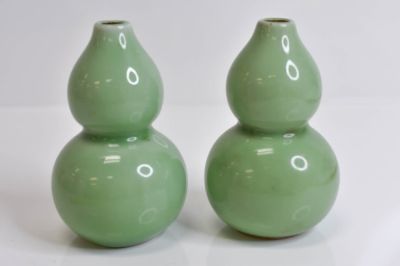 Antique Chinese Celadon Double Gourd Vases. Beautiful Pair of Antique Chinese Double Gourd 