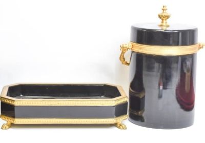 French Black Opaline Glass Bronze Ormolu Casket. set includes French black opaline glass &amp; 