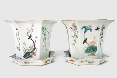 Pair Chinese Famille Rose Qianlong Marked Planters. Pair of antique Chinese porcelain 