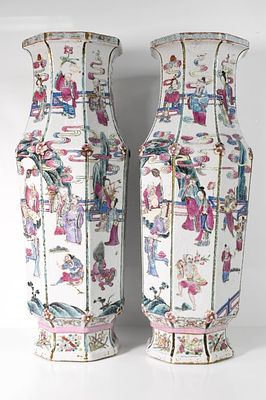Pair Antique Chinese Famille Rose Immortals Vases. Pair of large antique Chinese porcelain vases 