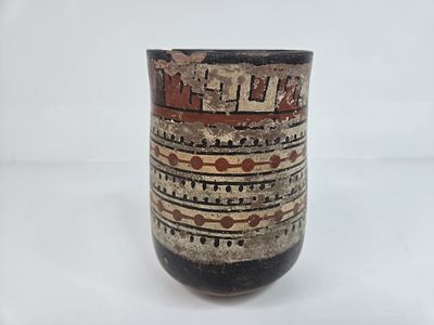 Nazca Polychrome Ceramic Pot / Vessel. Nazca-style polychrome ceramic vessel featuring geometric 